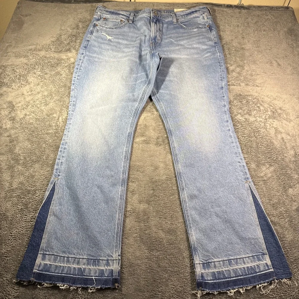 American Eagle 90s Low-Rise Skinny Kick Jeans Dream Blue Split Hem 18 34W NEW